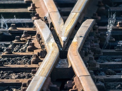 A railroad "frog" or switch where two tracks cross